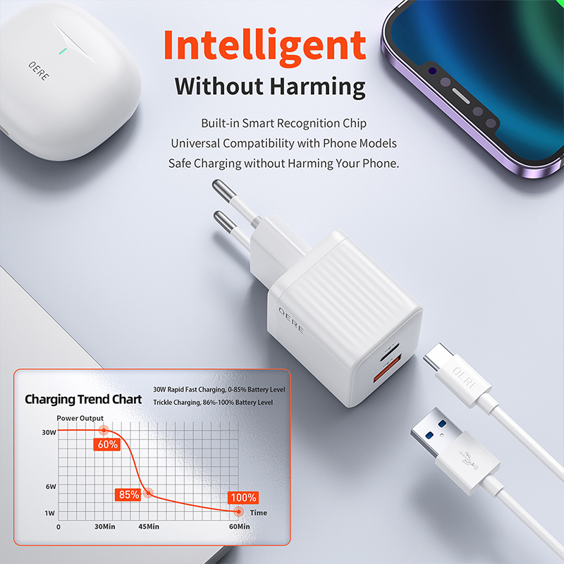 QERE 30W PD GaN Phone Universal Adapters EU Plug Safe Type C USB Intelligent Fast Charging Mini Portable Fast Charger