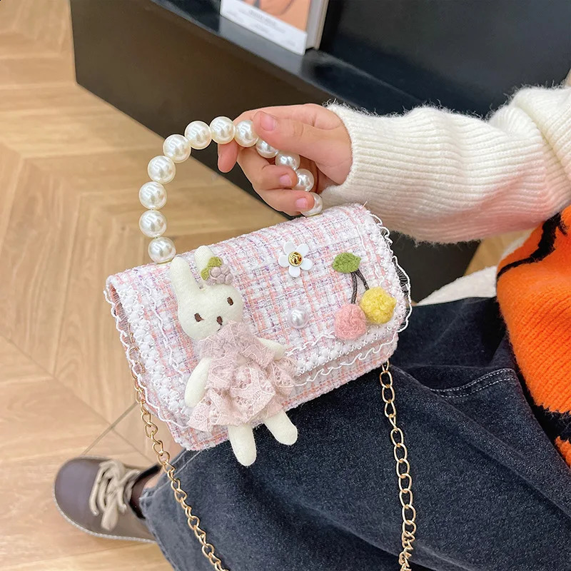 Fashion Pearl Chains Children Shoulder Messenger Bag Cartoon Plush Rabbit Cute Girls Handbag Small Square Baby Kids Coin Purse 240314