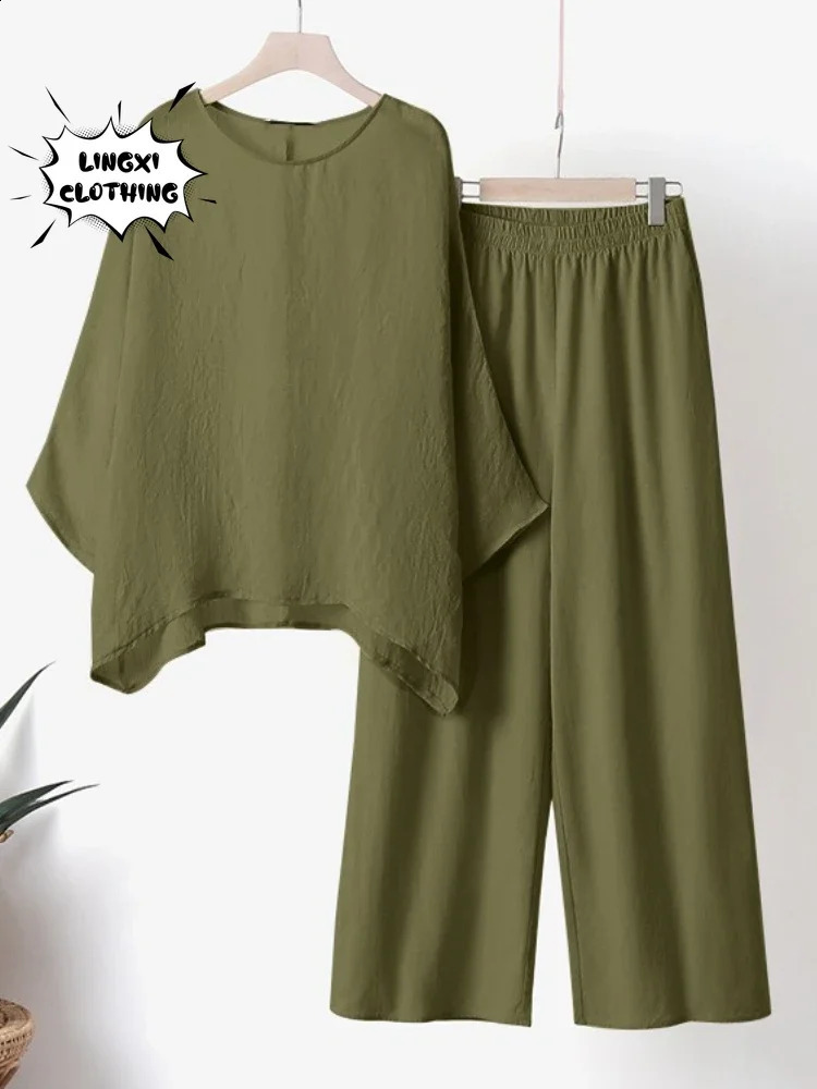 2024 Summer Fashion Cotton Linen Womens Set Large Irregular Shirt High Waist Loose Wide Leg Pants Elegant Two Piece 240315