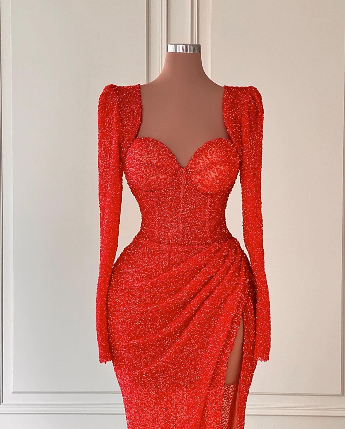Sexy Red Mermaid Evening Bone Bodice Sequins Promdress Sweep Train Split Pleats Long Sleeves Dresses For Special Ocn Robe De Soiree