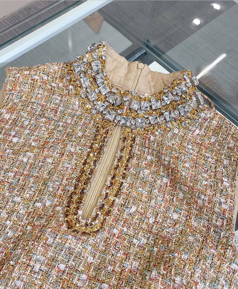 Fashionable and minimalist m-iu - Grey diamond studded sleeveless dress with a design feel, coarse tweed loose A-line skirt, 2024 autumn new tank top 