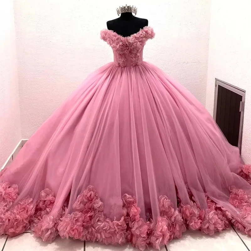 2024 Pink Quinceanera Dress Floral Applique Volume Girls Brithday Wear Sweet 16 Dress Vestidos De 15 Anos Debutante Gown Prom Dresses