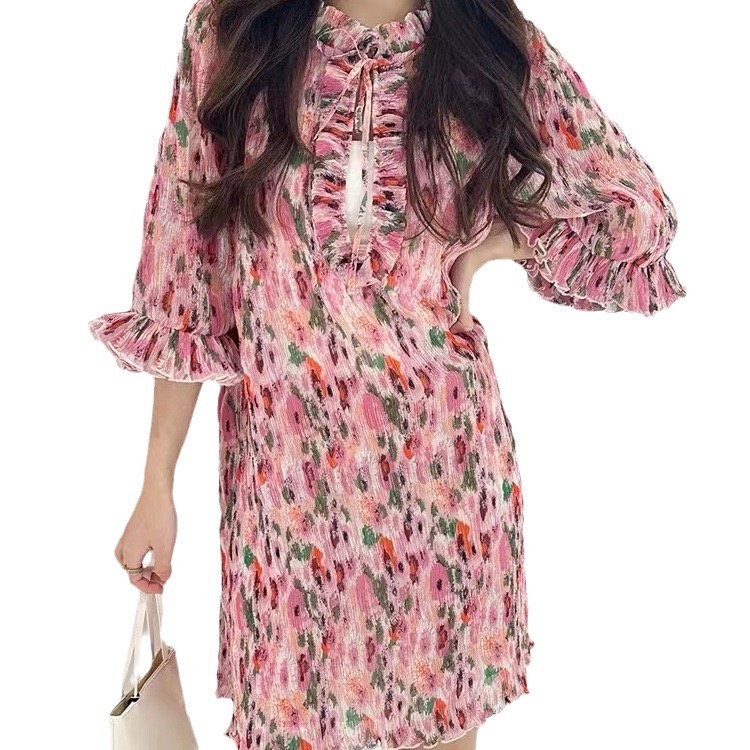 24 New Sweet Gan Pink Flower Print Ruffle Edge Fragmented Flower 3/4 Sleeve Loose fitting Dress