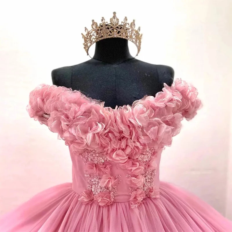 2024 Pink Quinceanera Dress Floral Applique Volume Girls Brithday Wear Sweet 16 Dress Vestidos De 15 Anos Debutante Gown Prom Dresses