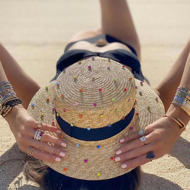 Natural wheat straw handmade diamond sewing decoration jazz hat outdoor travel beach 240311