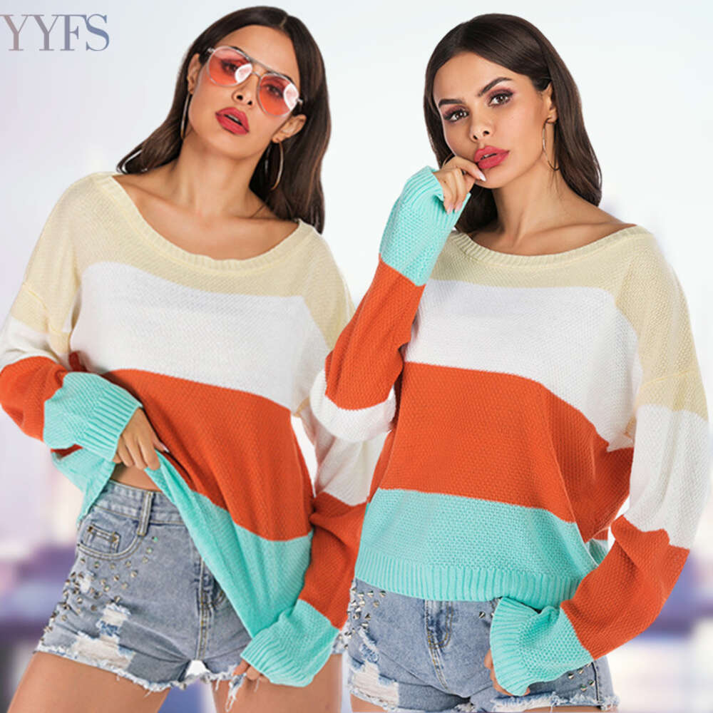 Bat Sleeved Contrasting for Women , Loose and Slim Round Neck Versatile Knit Sweater