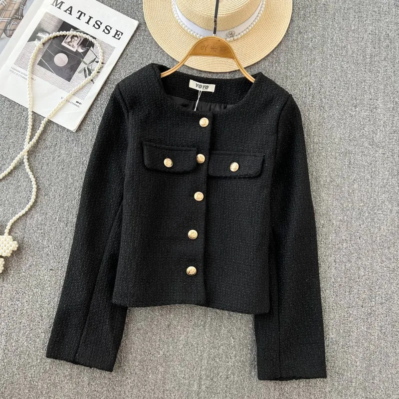 Autumn Winter French Woolen Tweed Short Jacket Womens Chic Golden Buttons Long Sleeve Coat Female Single Breasted Top Outwear 240307
