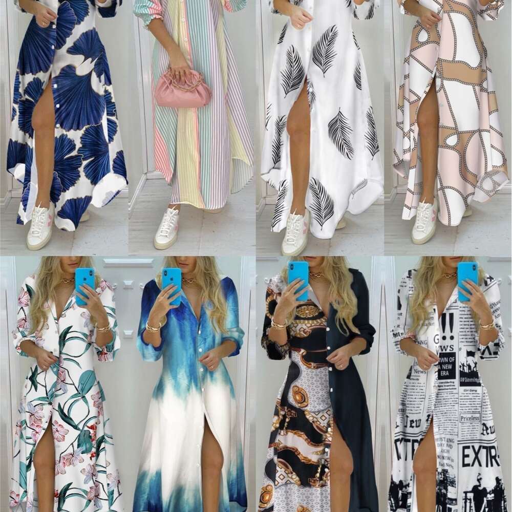 2024 New Fashion Print Collar Long Sleeved Shirt Sexy Dress