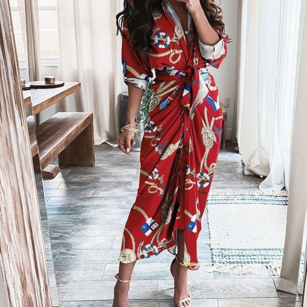2024 New V-neck Button Fashion Print Lace Up Sleeves Sexy Dress