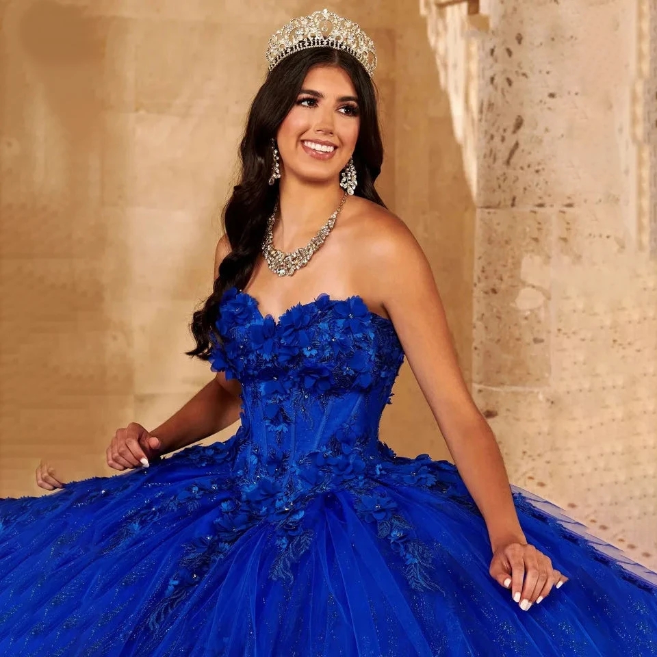 Royal Blue Quinceanera Dress 2024 Sequined Handmade 3D Flowers Sweet 16 Dress Ball Gown Lace Up vestidos de 15