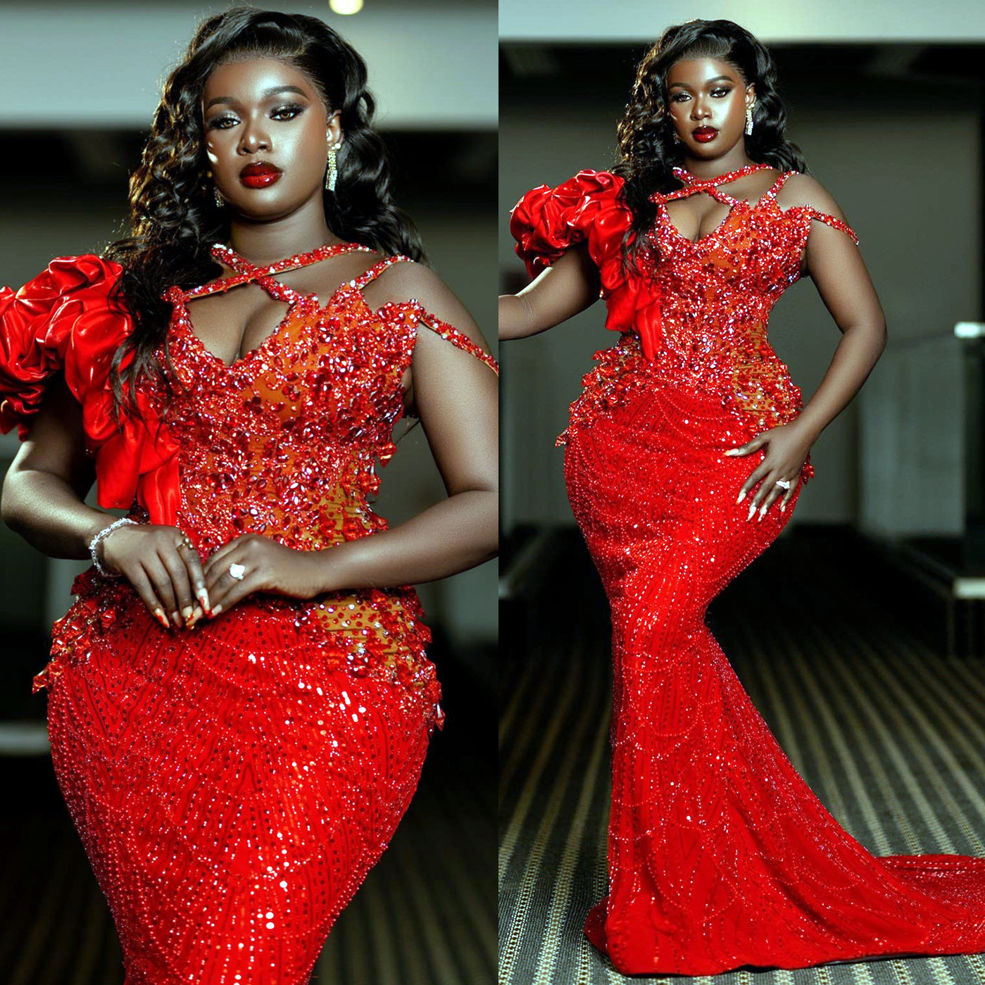 2024 Aso Ebi Red Mermaid Prom Dress Crystals Beaded Sequined Evening Formal Party Second Reception 50th Birthday Engagement Gowns Dresses Robe De Soir