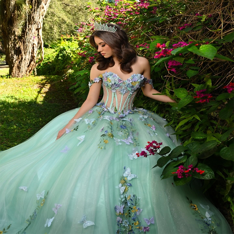 Light Green Quinceanera Dresses Ball Gown Off Shoulder 3D Butterfly Applique Beading Tull Corset Sweet 16 Dress Vestido De 15 Anos