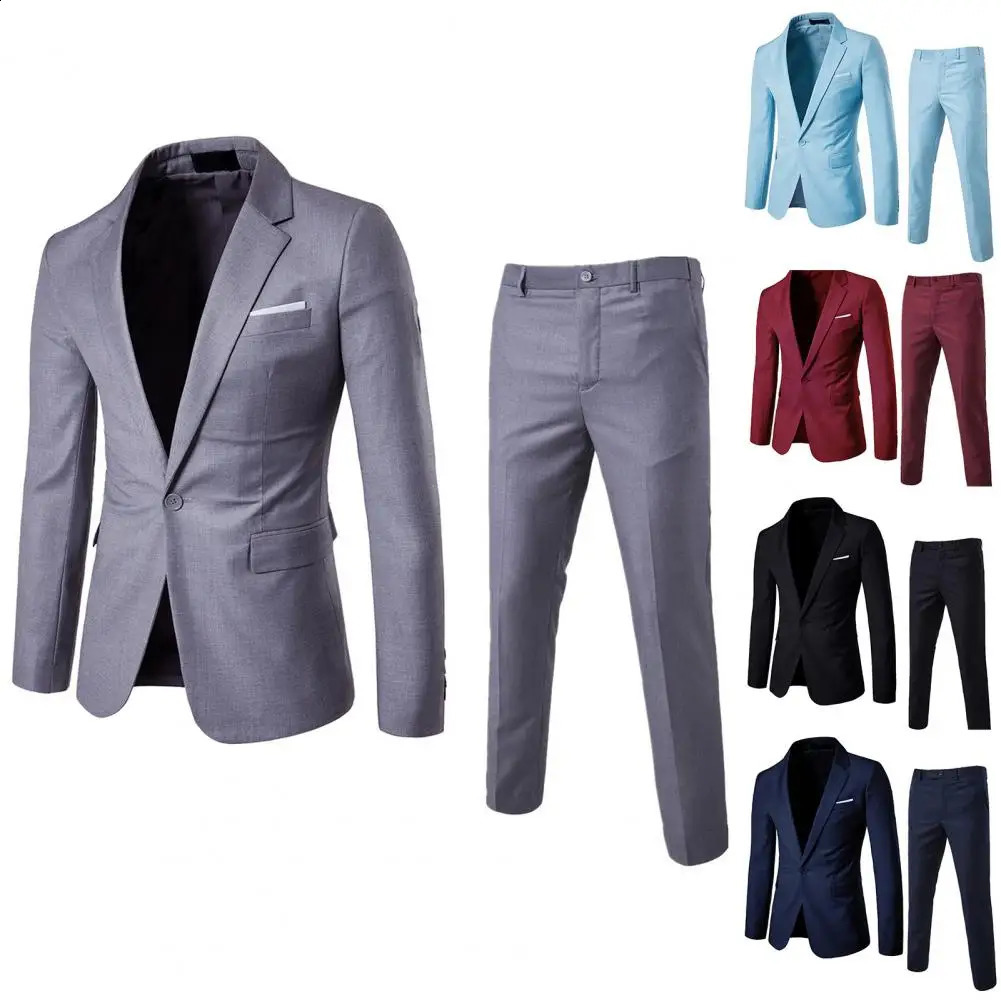 Groom Wedding Pants Set Slim Fit Suit Outfit Stylish Mens Business Lapel Single Button Coat with for A 240301