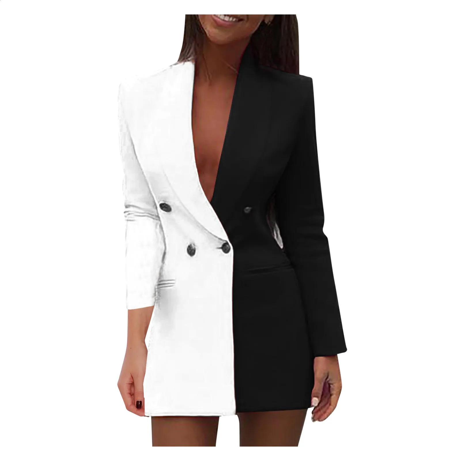 Women Blazer Winter Slim Long Sleeve Elegant Female Suit Double Black White Breasted Coat Jacket Office Dress Coat 240306