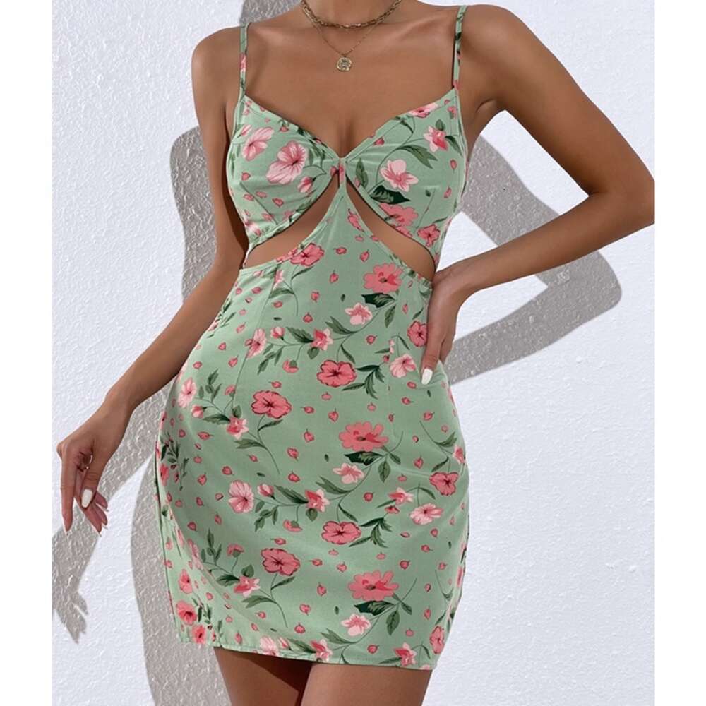 Summer Temperament Commuting Print Patchwork Wrapped Chest Sexy Hollow Strap Floral Dress for Women 9243