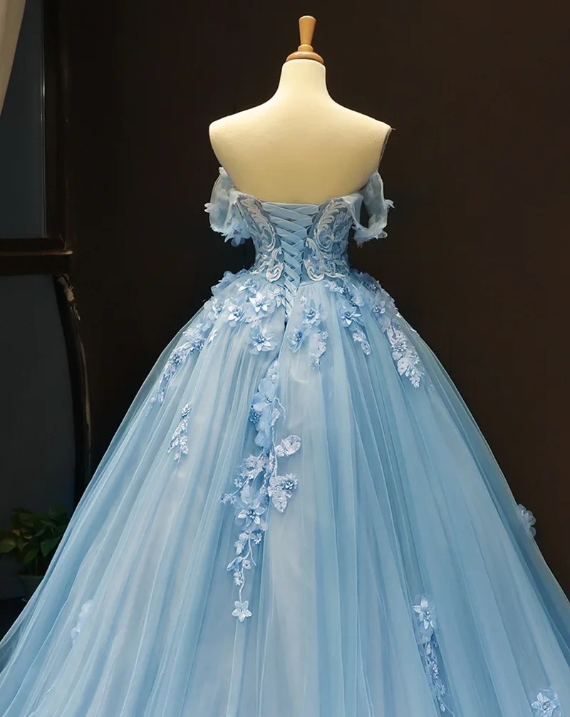 Sky Blue Quinceanera Dress Off The Shoulder Princess Prom Birthday Dresses Lace Appliques Ball Gown With Small Train Vestidos De 15Sweet 16