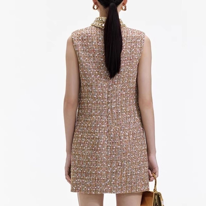 Fashionable and minimalist m-iu - Grey diamond studded sleeveless dress with a design feel, coarse tweed loose A-line skirt, 2024 autumn new tank top 