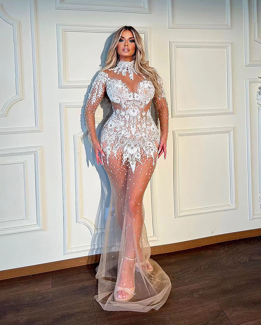 Pieces Mermaid Two Champagne Weddind Dresses Long Sleeves Lace Tired Train Plus Size Bridal Gowns Robe De Marriee 326