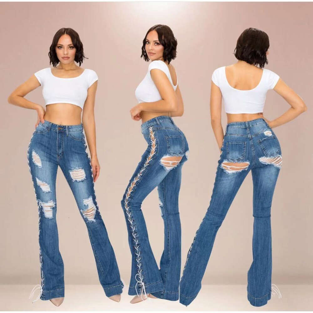 2024 Spring and Autumn New Hot Selling Elastic Micro Horn Jeans Women's Wide Leg Lace Long Pants