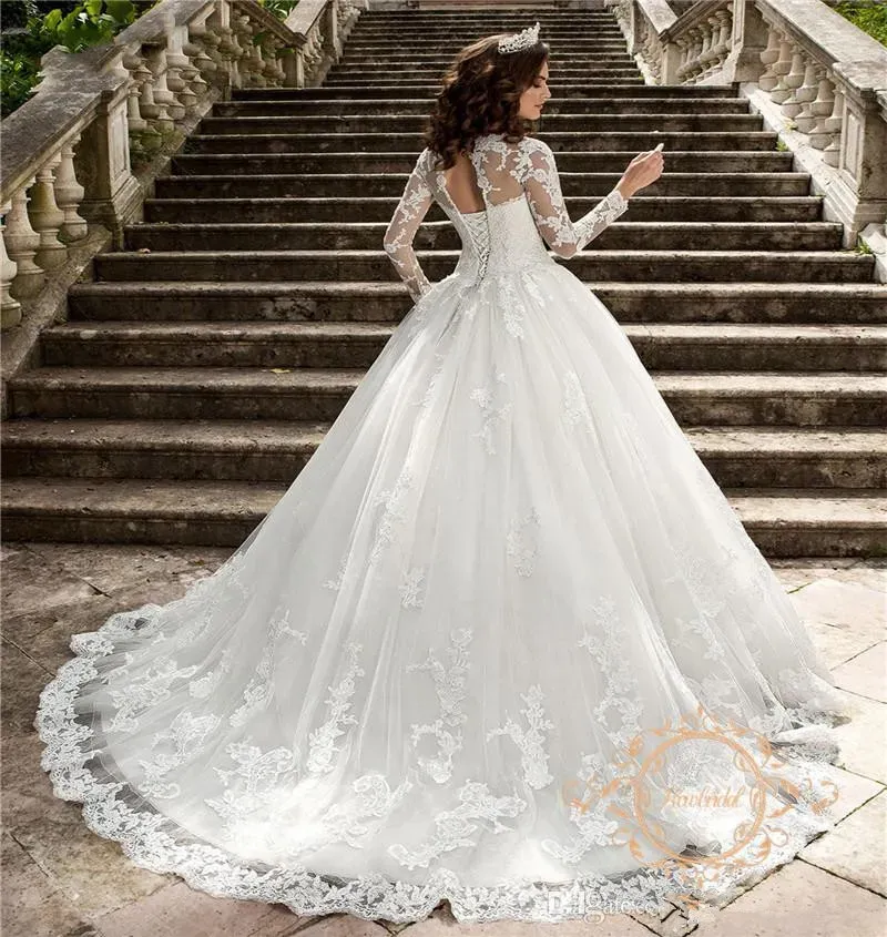 Ful Lace A E Dresses Sheer Long Sleeves Tulle Appliques Bridal Wedding Gowns With Corset Back Robes Bc18321 6660305