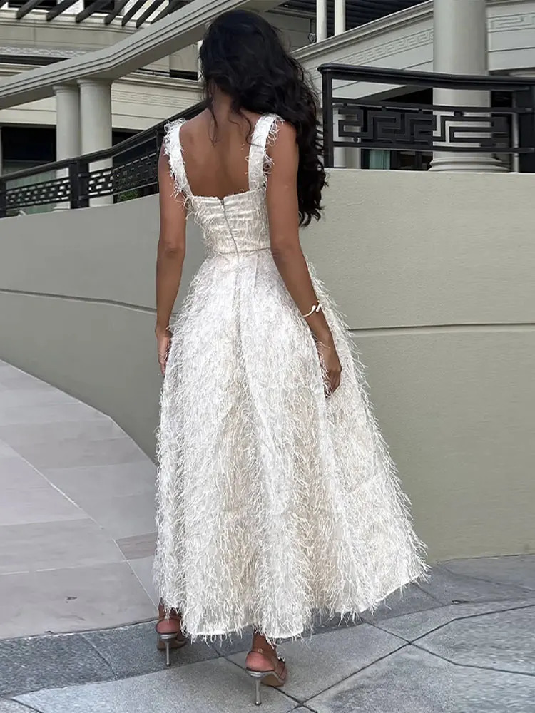 Sexy White Feather Backless Midi Dress For Women Fashion Slash Neck Sleeveless High Waist Sling Dresses Elegant Lady Street Robe 240313