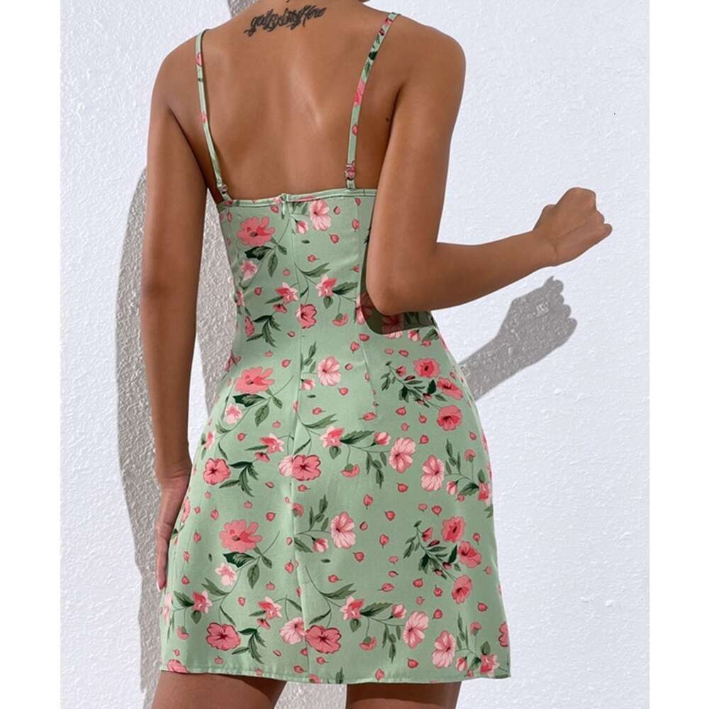 Summer Temperament Commuting Print Patchwork Wrapped Chest Sexy Hollow Strap Floral Dress for Women 9243