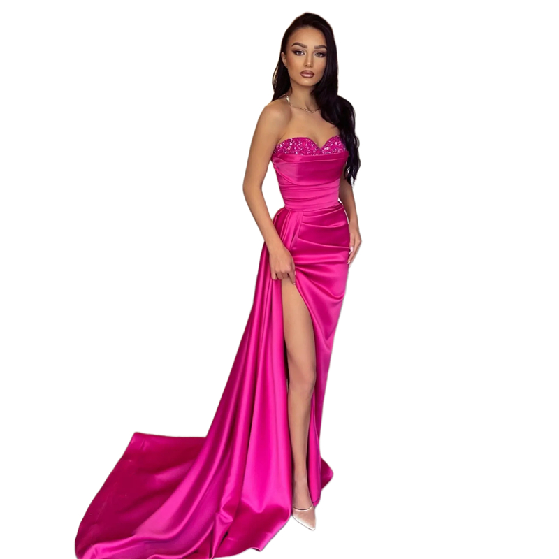2024 Sexy Side Split Long Prom Dresses Sequin Crystal Beaded Sweetheart Neck Sleeveless Satin Simple Special Occasion Gowns Fuchsia Birthday Pageant E