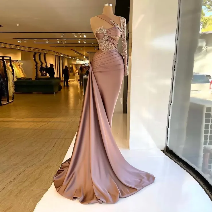 Gorgeous One Shoulder Satin Mermaid Dresses Long Sleeve Appliques Beaded Ruched Women Evening Pageant Prom Gowns Custom Made Bc14119 6660305