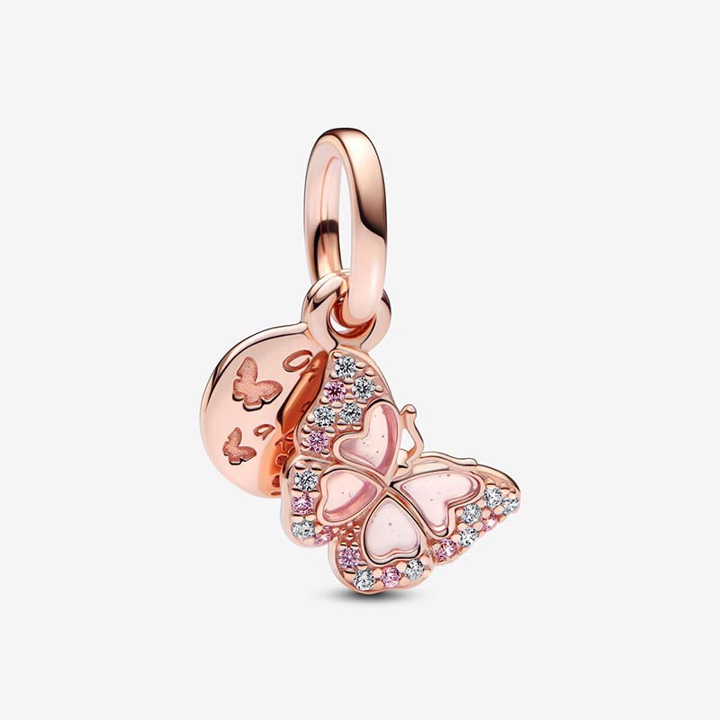 Pink Butterfly & Quote Double Dangle Charm 925 Sterling Silver Luxurious Charm Women Bracelet Jewelry Making Components Necklace Pendant charms with Retail Box