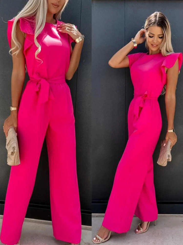 Summer Short Sleeve Wide Leg Jumpsuit For Women Elegant Romper Vintage Streetwear Jumpsuits Overalls Jump Suit Woman 240307