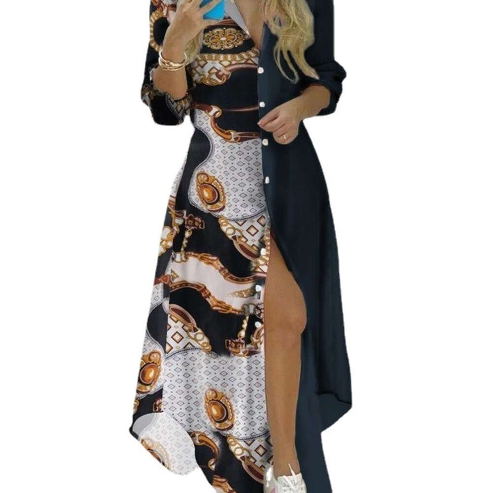 2024 New Fashion Print Collar Long Sleeved Shirt Sexy Dress
