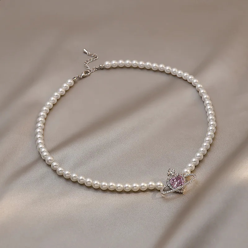 SHANGZHIHUA Korean Fashion Purple Heart Crystal Stud Necklace For Women Elegant Planet Pendant Jewelry Gifts 240313