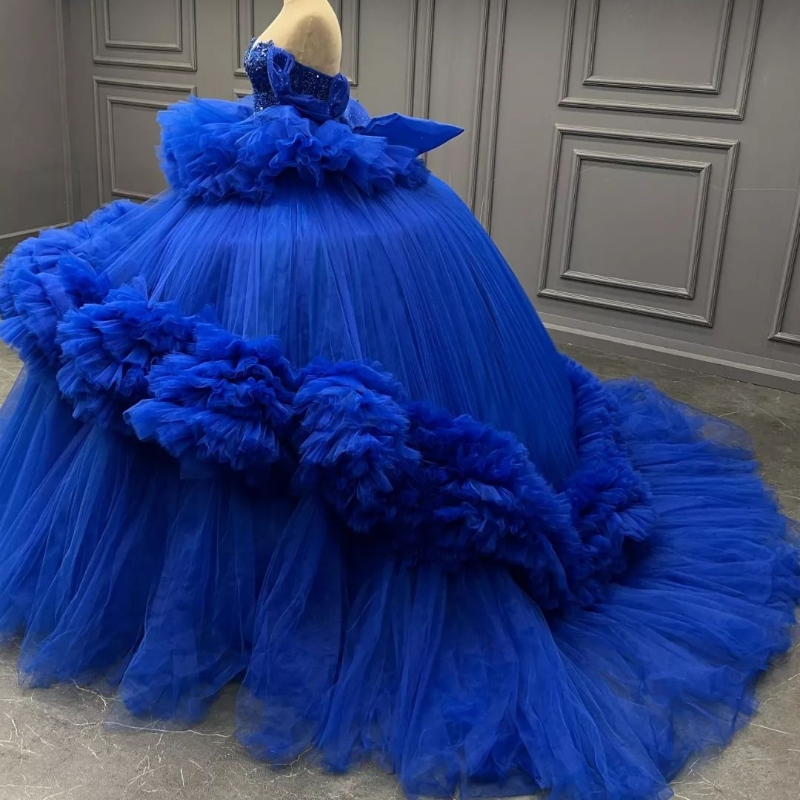 Royal Blue Quinceanera Dresses Off The Shoulder Lace Beads Tull Tiered Sweet 16 Dress Birthday Party Gown Vestido De vx 15 Anos