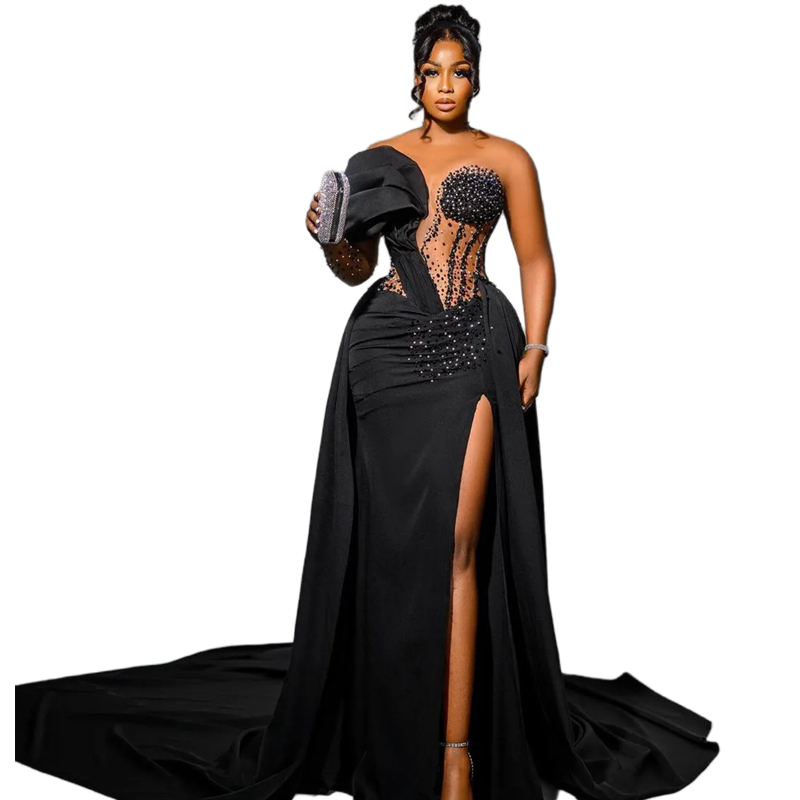 Black Mermaid Sexy Prom Dresses Side High Split Illusion Bodice One Shoulder Long Satin Evening Dress Beaded Pleats Pageant Special Ocn Gown for Women