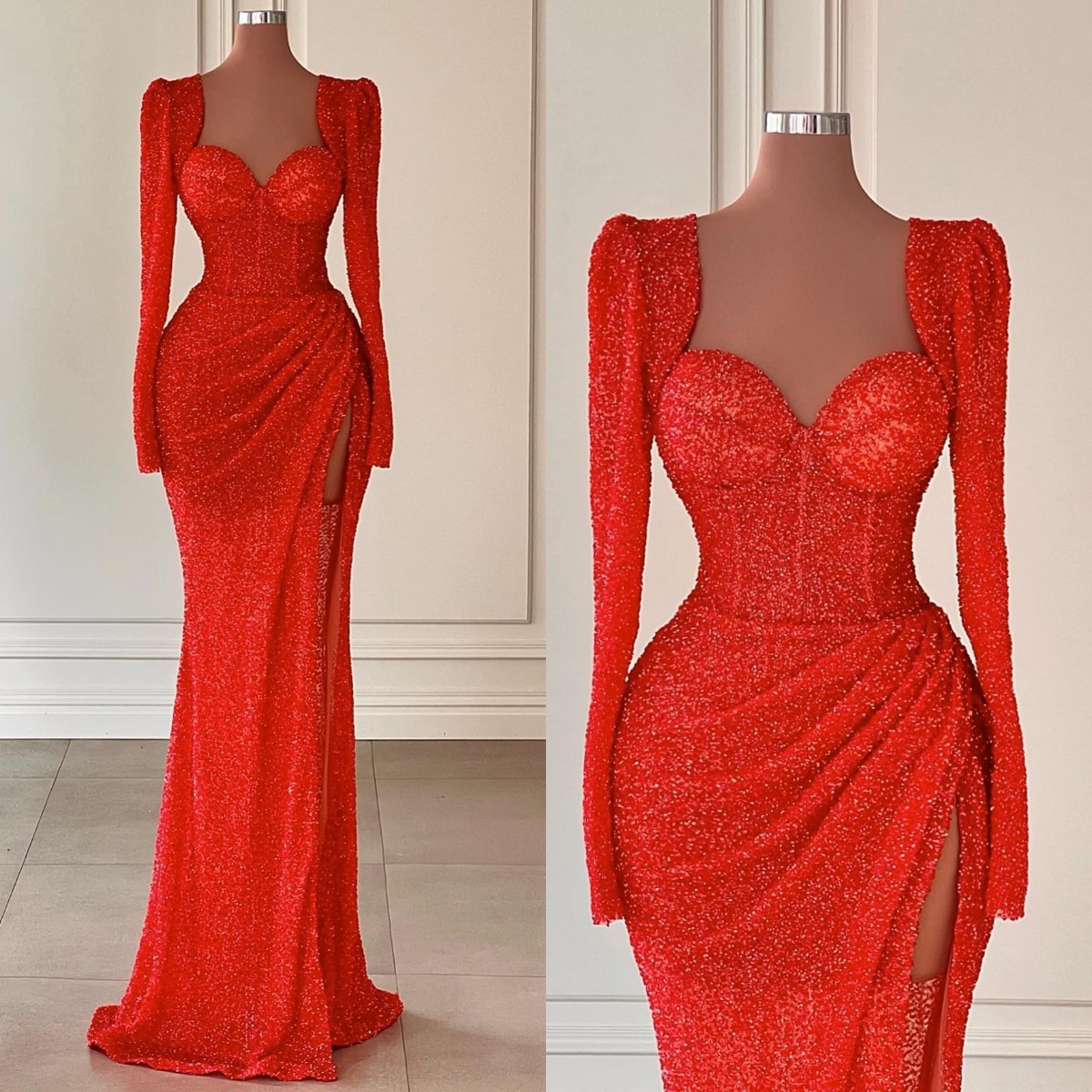 Sexy Red Mermaid Evening Bone Bodice Sequins Promdress Sweep Train Split Pleats Long Sleeves Dresses For Special Ocn Robe De Soiree