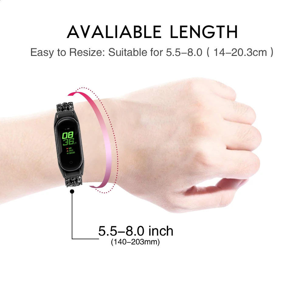 Women Girls Diamond Stainless Steel Bracelet Band For Mi Band 5 4 3 Watch Strap Loop For Miband 3 4 5 Wrist Strap Correa 240311