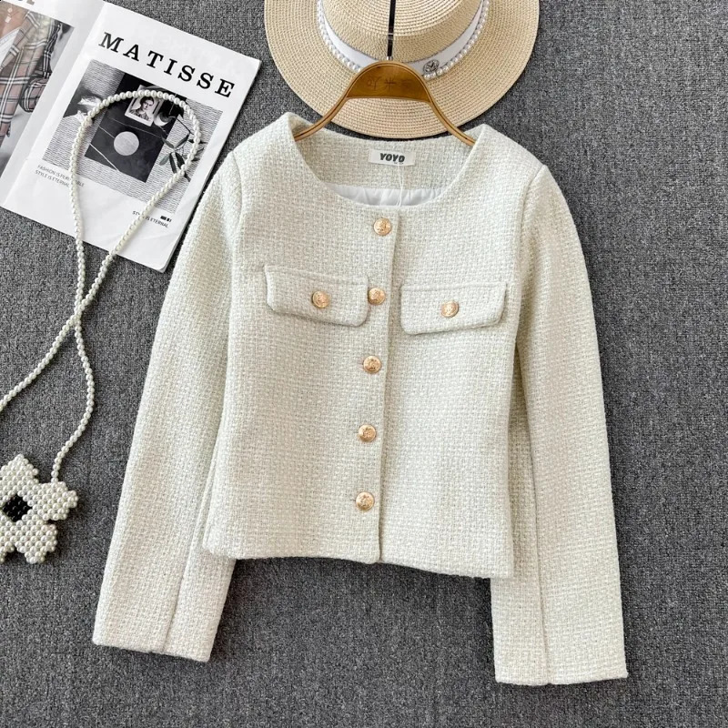 Autumn Winter French Woolen Tweed Short Jacket Womens Chic Golden Buttons Long Sleeve Coat Female Single Breasted Top Outwear 240307