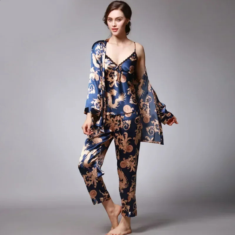 Chinese Dragon Printing Womens Pajamas Soft Exquisite Night-robe Loose Gorgeous Sleepwear Cloak Sexy Homewear Three-piece set 240309