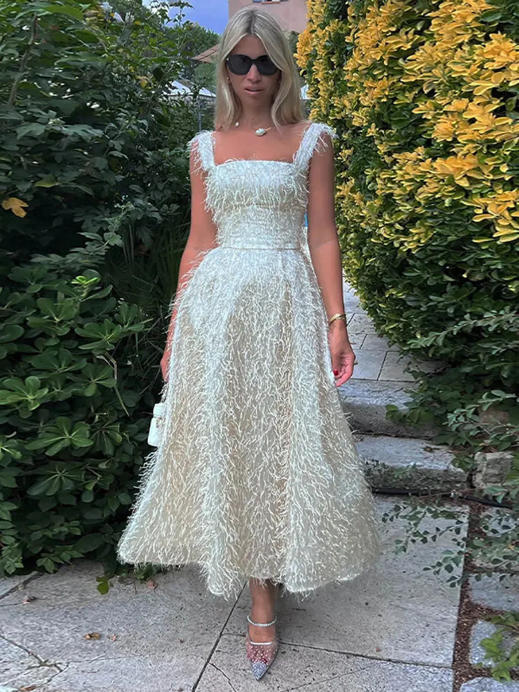 Sexy White Feather Backless Midi Dress For Women Fashion Slash Neck Sleeveless High Waist Sling Dresses Elegant Lady Street Robe 240313