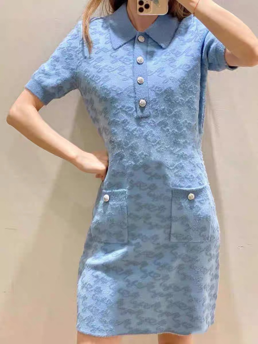 2024 Spring/Summer New M-aje Blue Fragrant Letter Jacquard Polo Collar Slim Knitted Dress