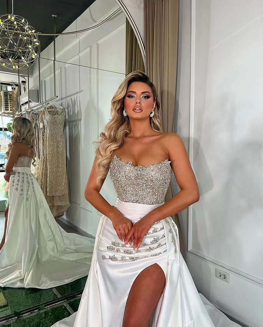 Elegant White New Split Side Mermaid Wedding Dresses Arabic Dubai Strapless Beading Engagement Bridal Gowns Vestidos De Novia Lz0304