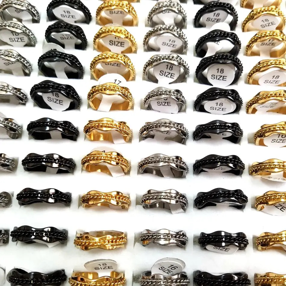 36pcs/lot Creative Wave Shape Rotating Chain Ring Color Mix Stainless Steel Fashion Spinner Ring Sizes Assorted Unisex 240313