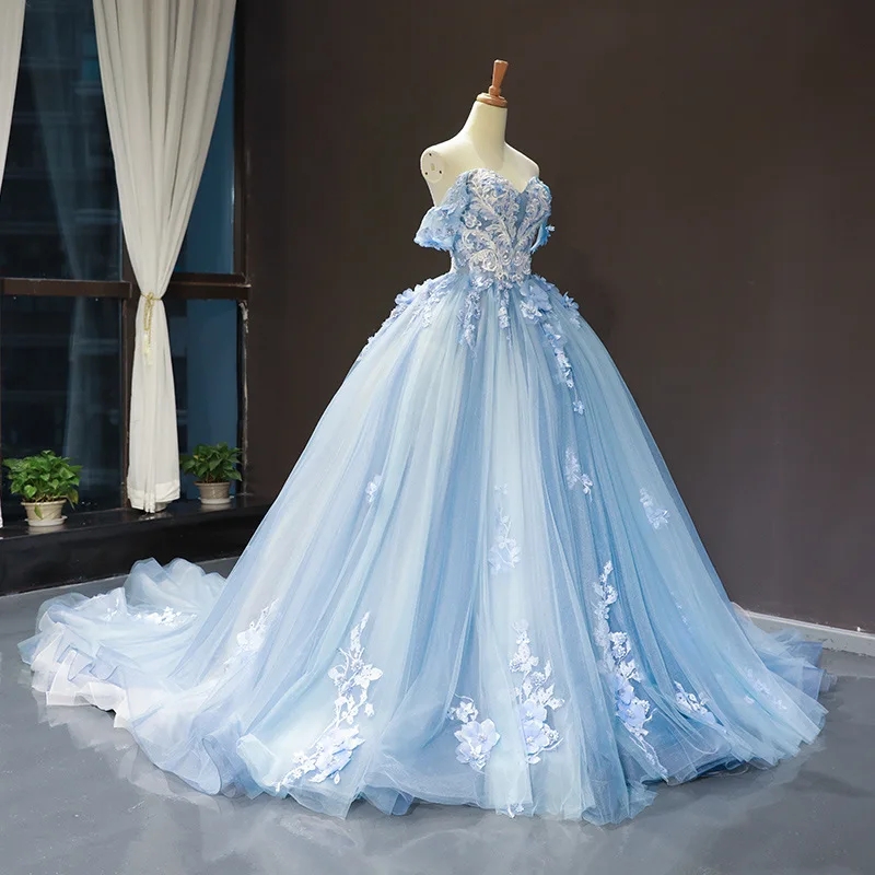 Sky Blue Quinceanera Dress Off The Shoulder Princess Prom Birthday Dresses Lace Appliques Ball Gown With Small Train Vestidos De 15Sweet 16
