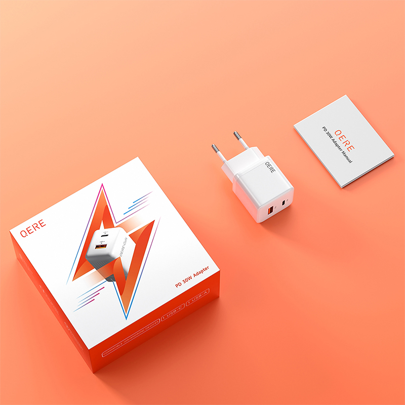 QERE 30W PD GaN Phone Universal Adapters EU Plug Safe Type C USB Intelligent Fast Charging Mini Portable Fast Charger