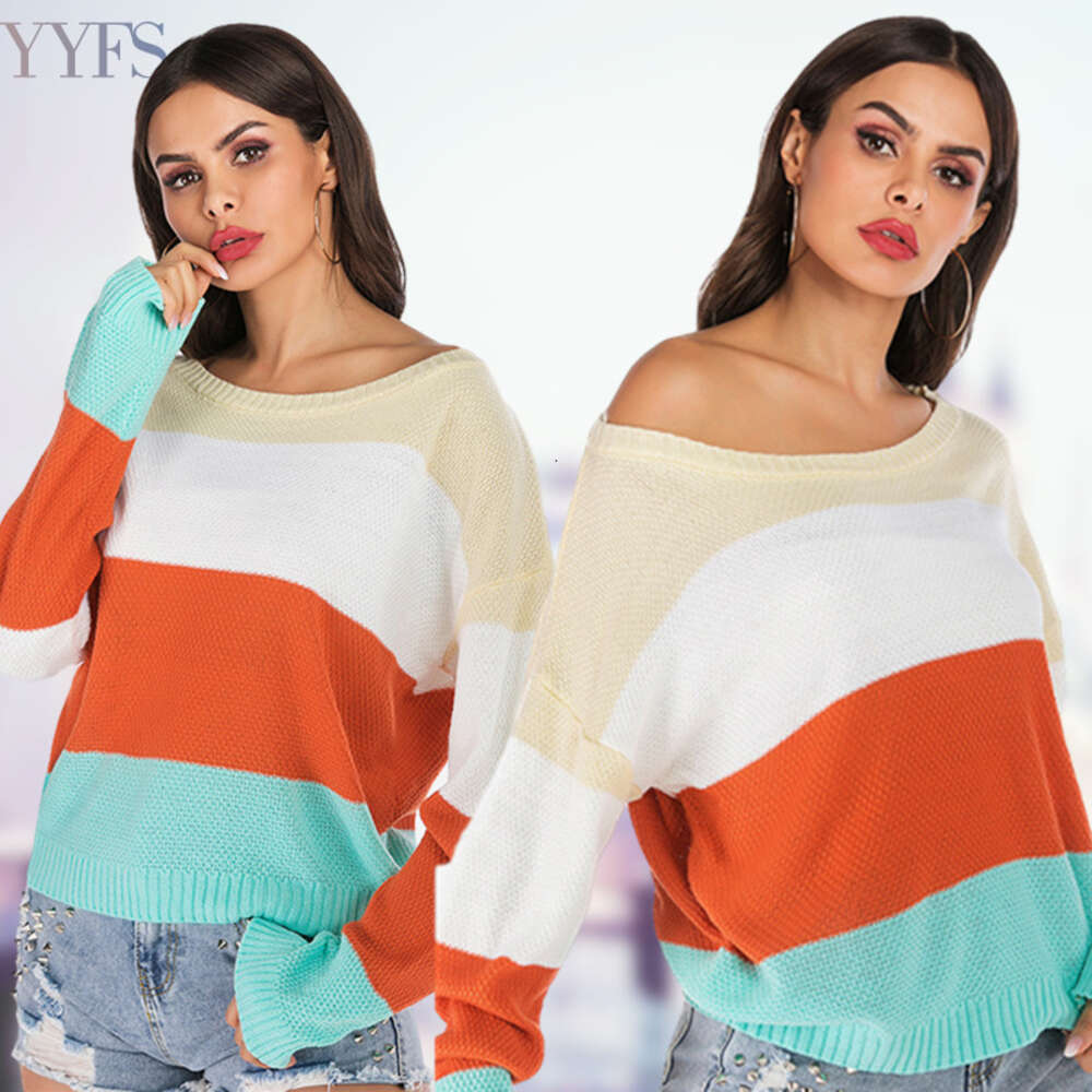 Bat Sleeved Contrasting for Women , Loose and Slim Round Neck Versatile Knit Sweater