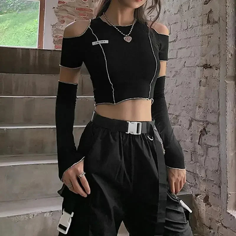 Patchwork Black T-shirts Gothic One Shoulder Sleeve Y2k Crop Tops Hip Hop Techwear Women Clothes Tees Graphic T Shirts Harajuku 240312