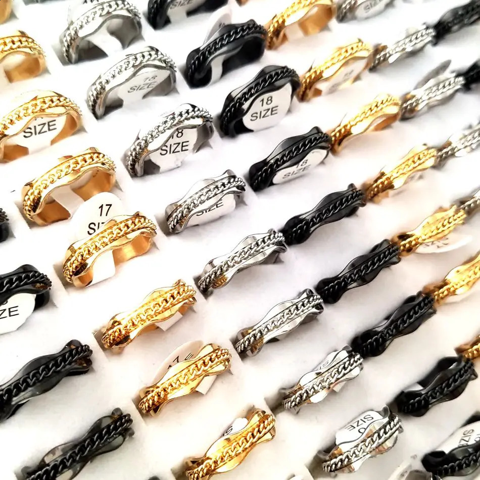 36pcs/lot Creative Wave Shape Rotating Chain Ring Color Mix Stainless Steel Fashion Spinner Ring Sizes Assorted Unisex 240313