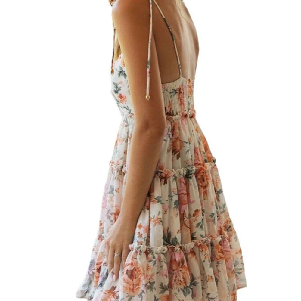 Summer Sweet Hanging Strap Printed Auricularia Chiffon Dress