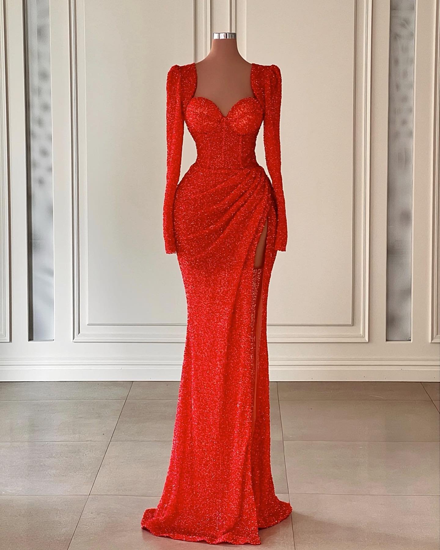 Sexy Red Mermaid Evening Bone Bodice Sequins Promdress Sweep Train Split Pleats Long Sleeves Dresses For Special Ocn Robe De Soiree