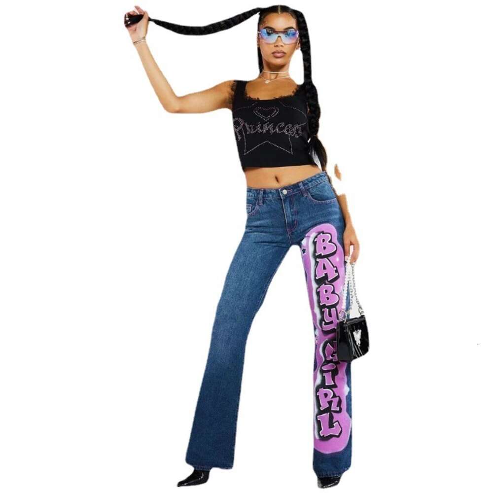 2024 New Personalized Street Letter Print Mid Waist Casual Straight Leg Jeans
